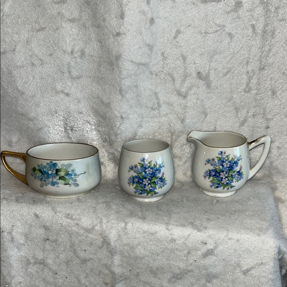 Schumann German Floral Blue Forget Me Nots Creamer And Sugar Tea Set W/Cup